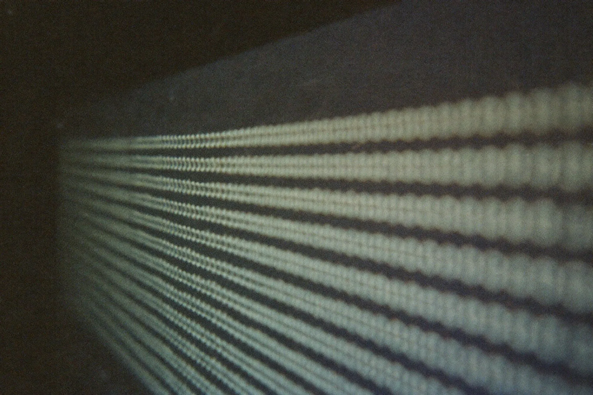Bildschirmoberfläche im flachen Winkel: Codezeilen als weiche Lichtbänder, sichtbare Subpixel